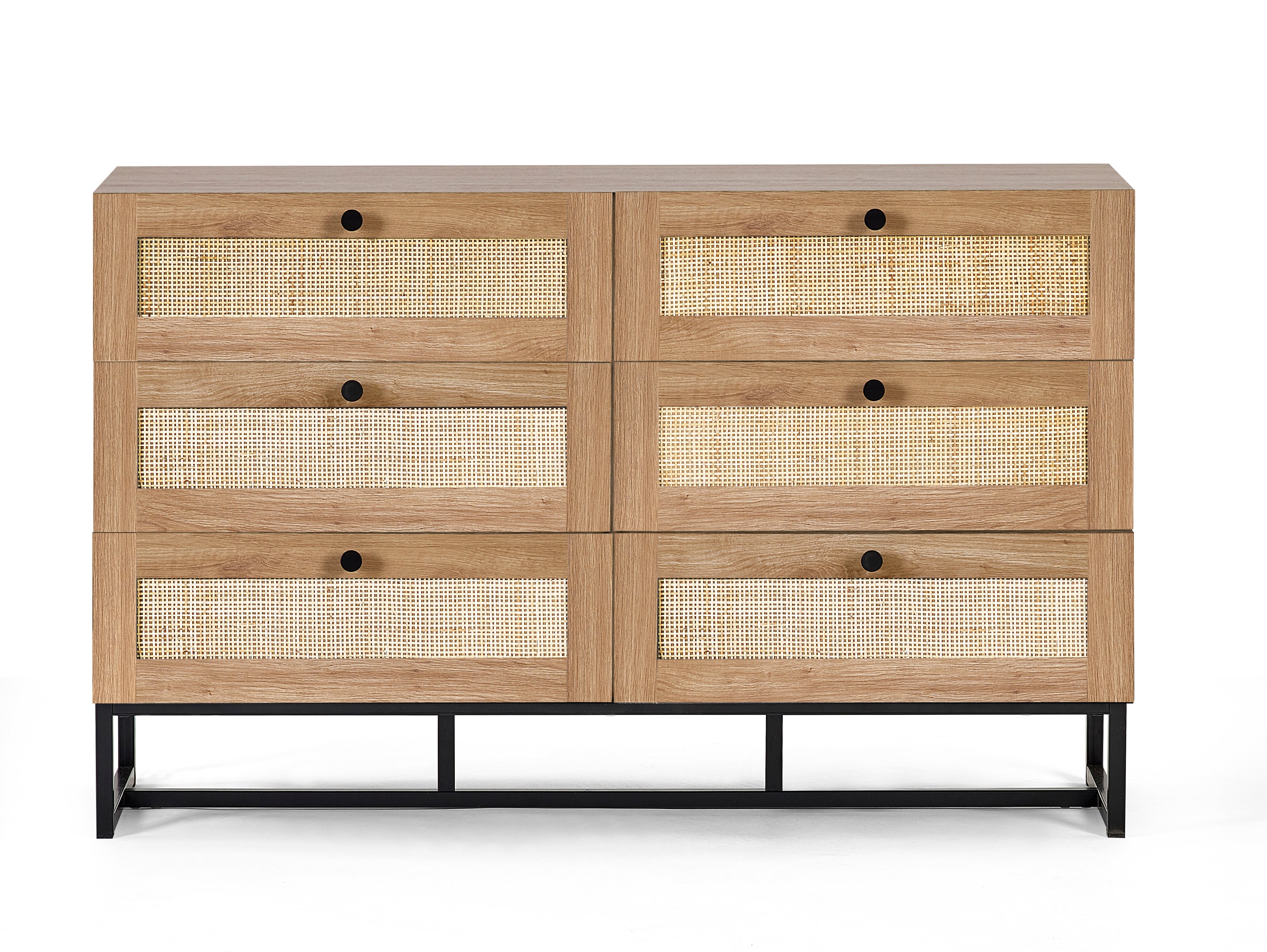 Clermont Oak Wood & Rattan Chest of Drawers | 6 Drawers